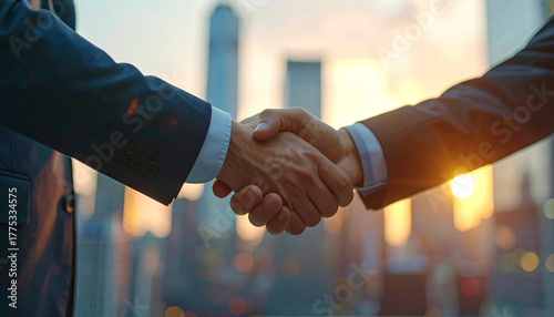 Wallpaper Mural Handshake business partnership agreement deal success teamwork trust city sunset Confident handshake between business partners city sunset, sealing agreement with trust and teamwork, professional Torontodigital.ca