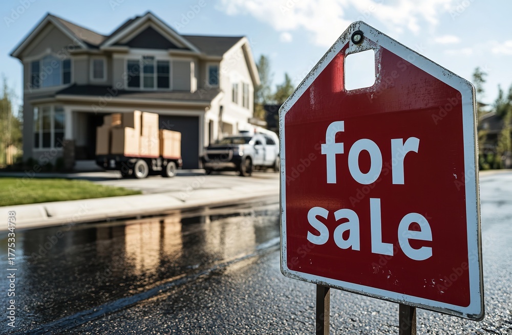 Obraz premium Dream home is for sale in a family friendly community, moving truck is ready to welcome you to your new chapter of life and a fresh start