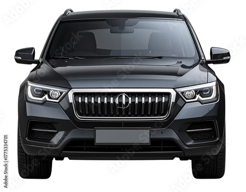 A realistic AI-generated luxury SUV viewed directly  grille details visible, sleek design emphasizing family comfort and premium build, clean reflections, isolated on a transparent background. (3)