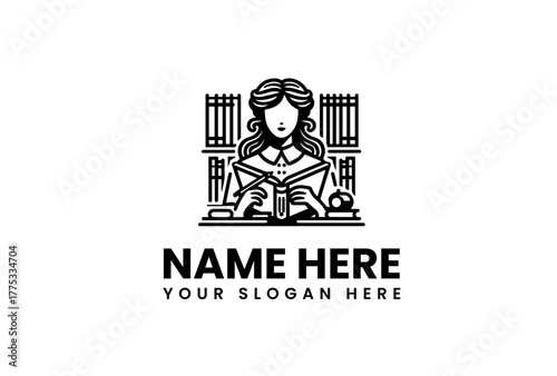 Elegant line art logo design portraying a studious woman absorbed in a book, seated amidst shelves filled with volumes, symbolizing the pursuit of knowledge, education