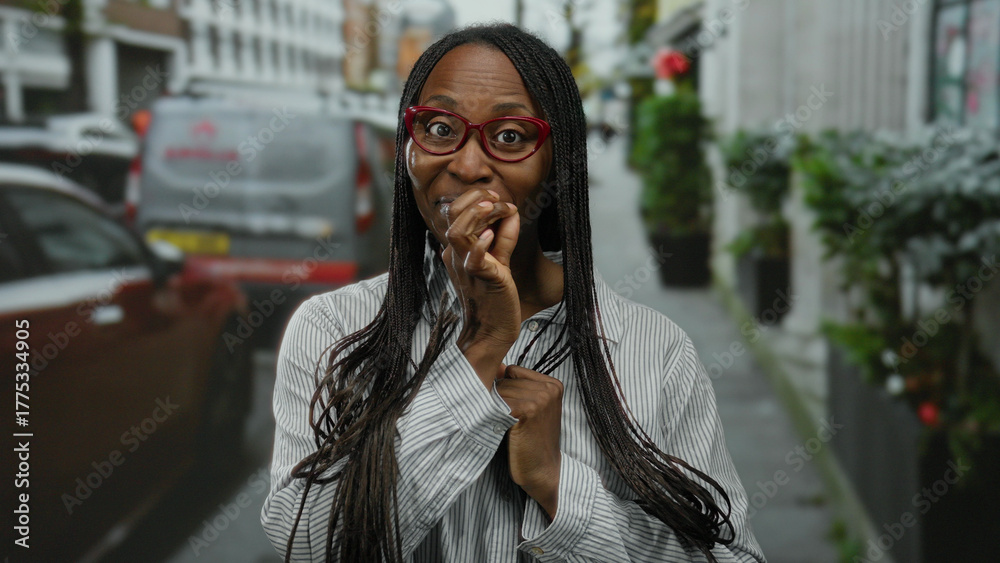 Fototapeta premium Woman with curly hair making a secret gesture outdoors in an urban street setting, expressing secrecy with a playful smile while wearing glasses, showcasing vibrant street life.