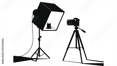 Black and White Silhouette Icon of Studio Softbox Light on Tripod Pointing Forward, Symbolizing Photography Setup and Illumination