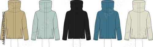 Vector illustration set showcasing women's contemporary high-neck hooded sweatshirts in multiple fashionable colors, ideal for casual and sporty wear design
