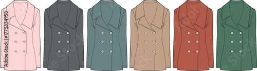 A fashionable collection of women's double-breasted trench coats shown in a diverse color palette. Vector illustration set for apparel design