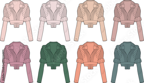 Fashion design template of a cropped jacket with puff sleeves. A set of vector technical flat sketches for women's apparel in a pastel and muted color palette