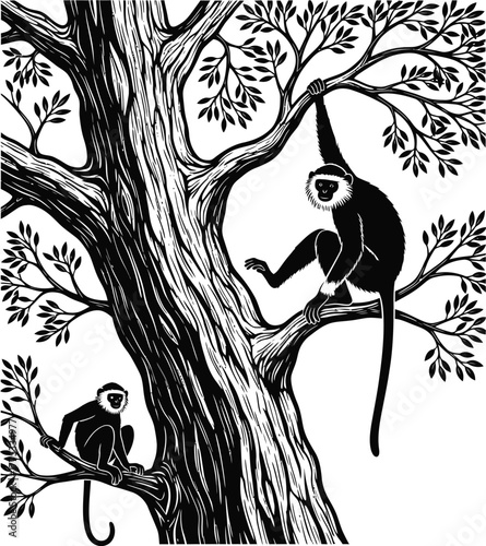 White cheeked gibbon monkeys in tree black and white vector illustration eps silhouette