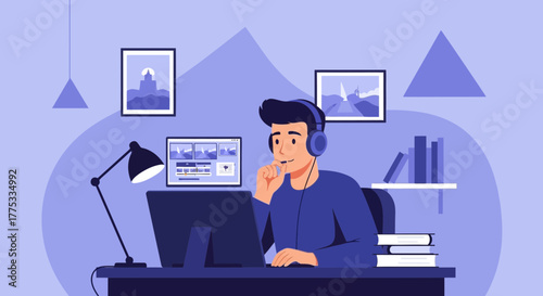Young Professional Working Remotely With Tech, Listening Music While Communicating