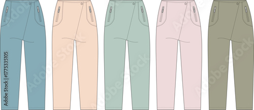 Colorful Pants Collection A Stylish Array of Modern Trousers in Various Pastel Shades for Fashion Design