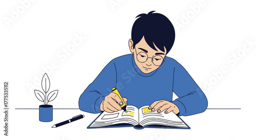 Young Student Studying with Book and Highlighter at a Desk with Plant Adjacent