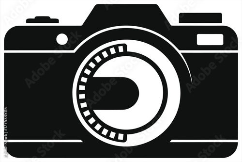  Black and White Icon of Camera with Film Reel Integrated into Lens, Symbolizing Photography and Movie Media Combined