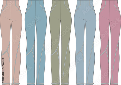 Vector illustration set of women's sportswear leggings. Technical flat sketch of activewear pants in a pastel color palette for apparel design