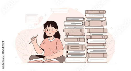 Young Student Studying With Books, Preparing Her Notes For Schooling Assignment, Artistic Sketch