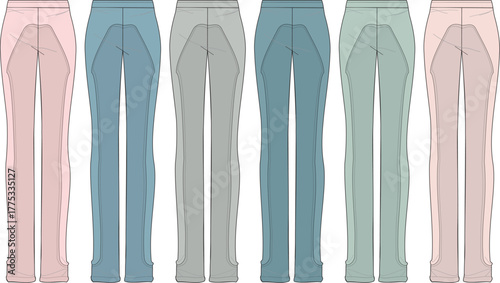 A versatile collection of women's comfortable casual pants, presented as precise technical fashion flats in a soothing spectrum of pastel colors for apparel design and textile projects