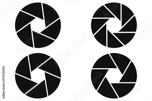 Camera Aperture and Shutter Icon Set. Vector Black and White Minimalist Illustration of an Iris Diaphragm for Photography, Videography, Media, and Technology Logos or Graphics.