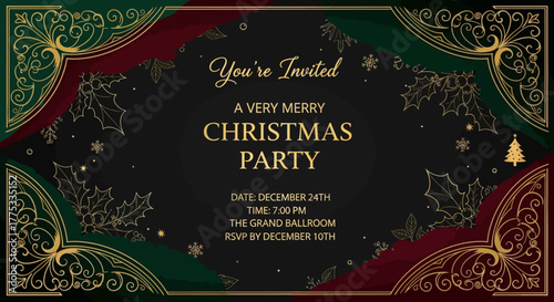 Elegant Christmas party invitation with gold accents, holly, and a festive design on a dark background.