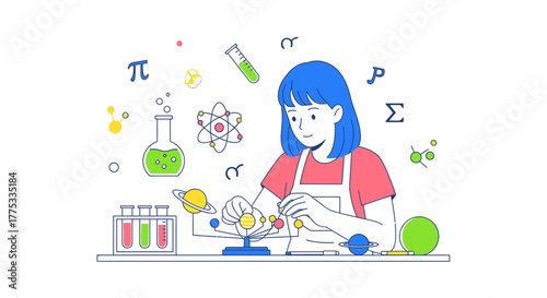 Young Woman Constructing Solar System Model Depicting Science and Educational Concepts