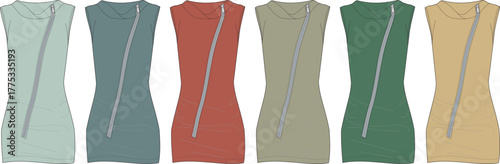 A row of six sleeveless, draped cowl neck dresses in varying neutral and earth-toned colors, each featuring a diagonal zipper detail