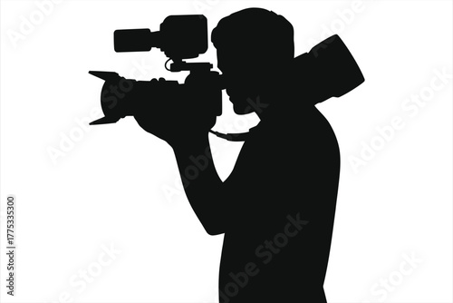 Professional Cameraman Silhouette operating a shoulder-mounted video camera with microphone. Isolated Vector Illustration for Film, News, Broadcast Production, and Cinematography Graphics.
