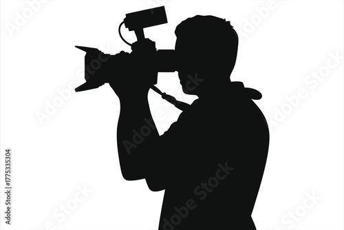 Black and White Silhouette of Cameraman with Shoulder-Mounted Professional Video Camera, Isolated on White