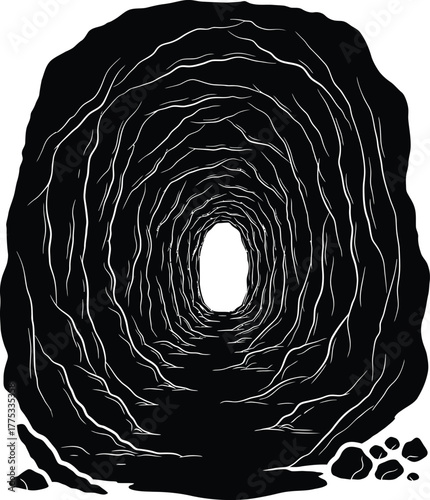 Explore dark cave tunnel entrance illustration black and white design eps silhouette