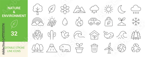Nature and Environment Line Icon Set. Trees, Leaves, Solar Energy, Eco Car, Recycle, Water Drop, and Sustainability Icons