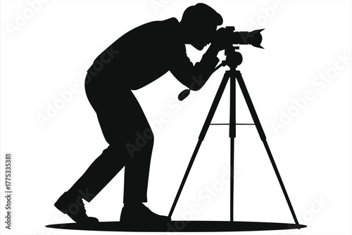 Photographer silhouette with camera on tripod. Professional cameraman with telephoto lens taking a picture. Black vector illustration isolated on white background for photography and media.