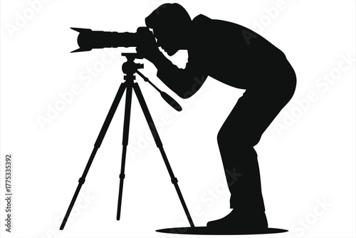 Photographer silhouette icon. Man taking a picture with a camera on a tripod. Vector illustration for photography, photo, and media concepts. Isolated black and white graphic for web design, app