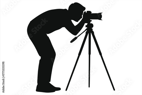 Cinematographer silhouette looking through camera viewfinder on tripod. Professional photographer vector icon for film production, shooting, and media. Isolated black graphic on white background.