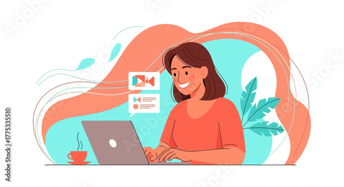Woman Working on a Laptop, Illustration Depicts Remote Employment and Online Activities