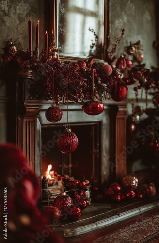 Vintage Christmas Mantel with Hanging Red Ornaments and Firelight