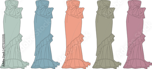 Elegant evening gowns A line art fashion collection with flowing ruffles