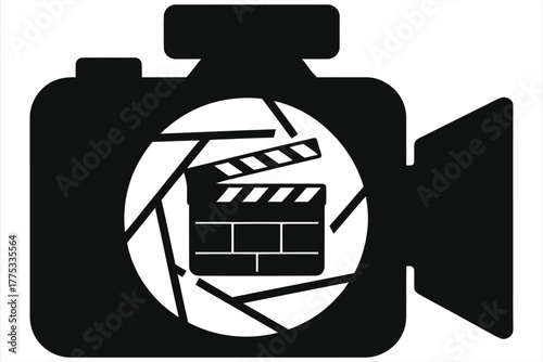 Film production icon with video camera and clapperboard inside the lens. A flat design vector symbol for cinema, movie making, and media. Black and white illustration for web, app, and UI.