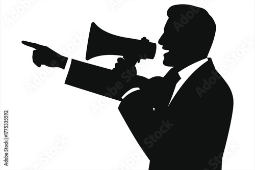Director silhouette holding a megaphone and pointing. Vector illustration of a businessman or leader giving instructions. Isolated black and white icon for announcement or command concept.