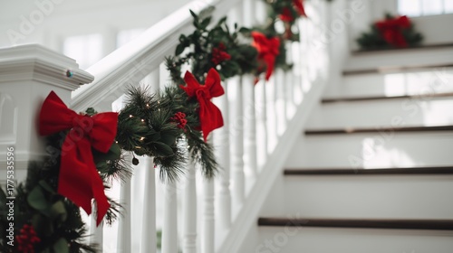 Christmas Staircase Garland with Red Bows and Pine Decor