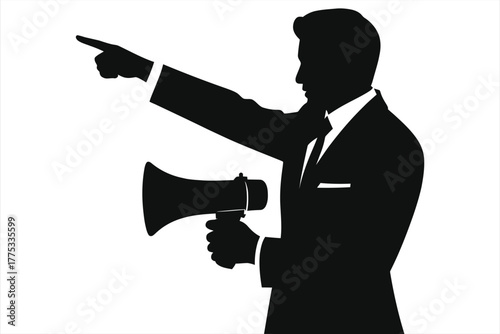 Silhouette of Film Director Holding Megaphone and Pointing – Black & White Vector Illustration for Cinema, Movie Production, Filmmaking Leadership, and Entertainment Industry Design