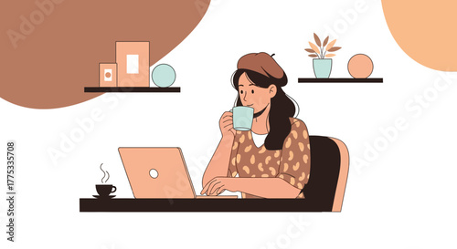 Woman Working On Laptop and Enjoying a Hot Beverage in a Cozy Ambiance Illustration