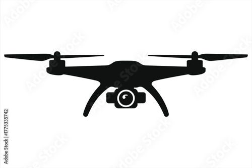Camera drone silhouette icon. Vector illustration of a quadcopter UAV with a camera. Isolated black and white graphic symbol for technology, aerial photography, and modern concepts.