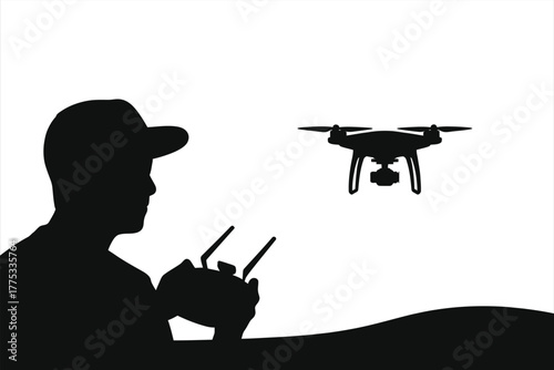 Drone photographer silhouette controlling a quadcopter. Vector icon of a person with a remote control flying a camera drone. Modern technology and hobby concept.