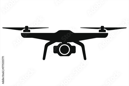 Black Silhouette of Modern Quadcopter Drone with Camera – Minimalist Vector Illustration for UAV Technology, Aerial Photography, Tech Design, and Innovation Projects