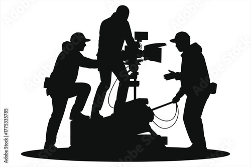 Film crew silhouette shooting a movie. 3D render of a camera team on set. Video production crew with professional cinema camera. Isolated vector illustration on white background.