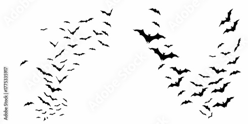 A swarm of black bat silhouettes flying in a chaotic formation against a white background