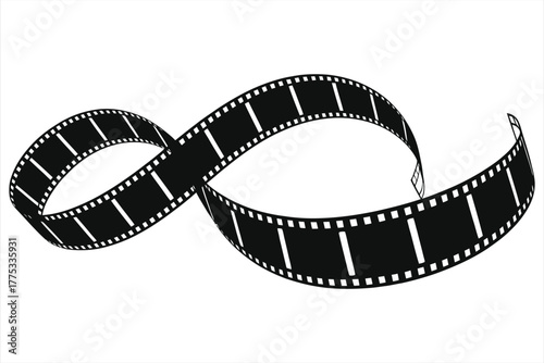 Movie film strip infinity symbol concept. 3D rendering of an endless cinema loop for streaming and digital media. Minimalist black and white vector illustration on a clean background.
