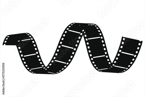 Black wavy film strip on white background, retro cinema filmstrip silhouette with perforated sprocket edges and empty frames, cinematic media design element for vintage photography and motion picture.