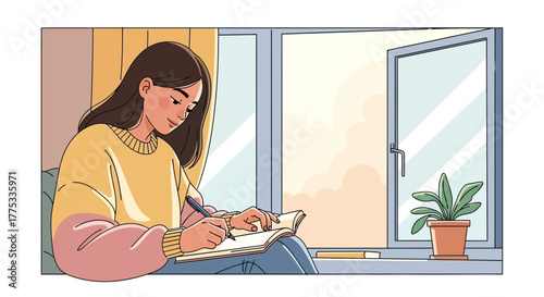 Woman Writing In Notebook Near Open Window On Sunny Weather At Home Scene