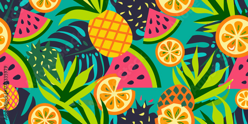 Vibrant tropical fruit and foliage seamless pattern with pineapple watermelon and orange slices