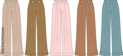Fashionable women's wide-leg pants collection in various earthy and pastel tones for a stylish wardrobe