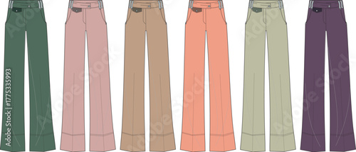 Variety of colorful high-waisted wide-leg trousers in a fashion design illustration suitable for any wardrobe