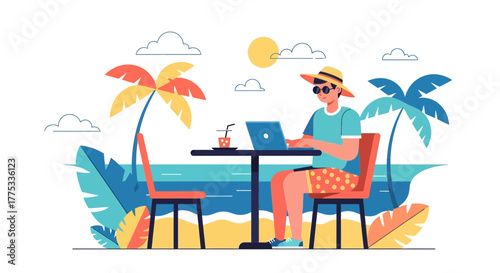 Working Remotely On The Beach Amidst Palm Trees And The Vast, Sparkling Sea