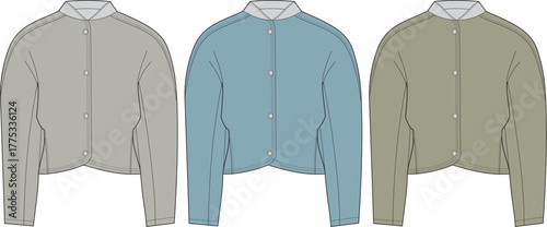 Fashion illustration of a women's cropped button-front cardigan design in light gray, soft blue, olive green, showcasing versatile apparel concepts