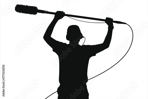 Boom operator silhouette with shotgun microphone overhead for location sound recording, film crew audio technician, black and white minimalist illustration for media production, broadcast, cinema & TV